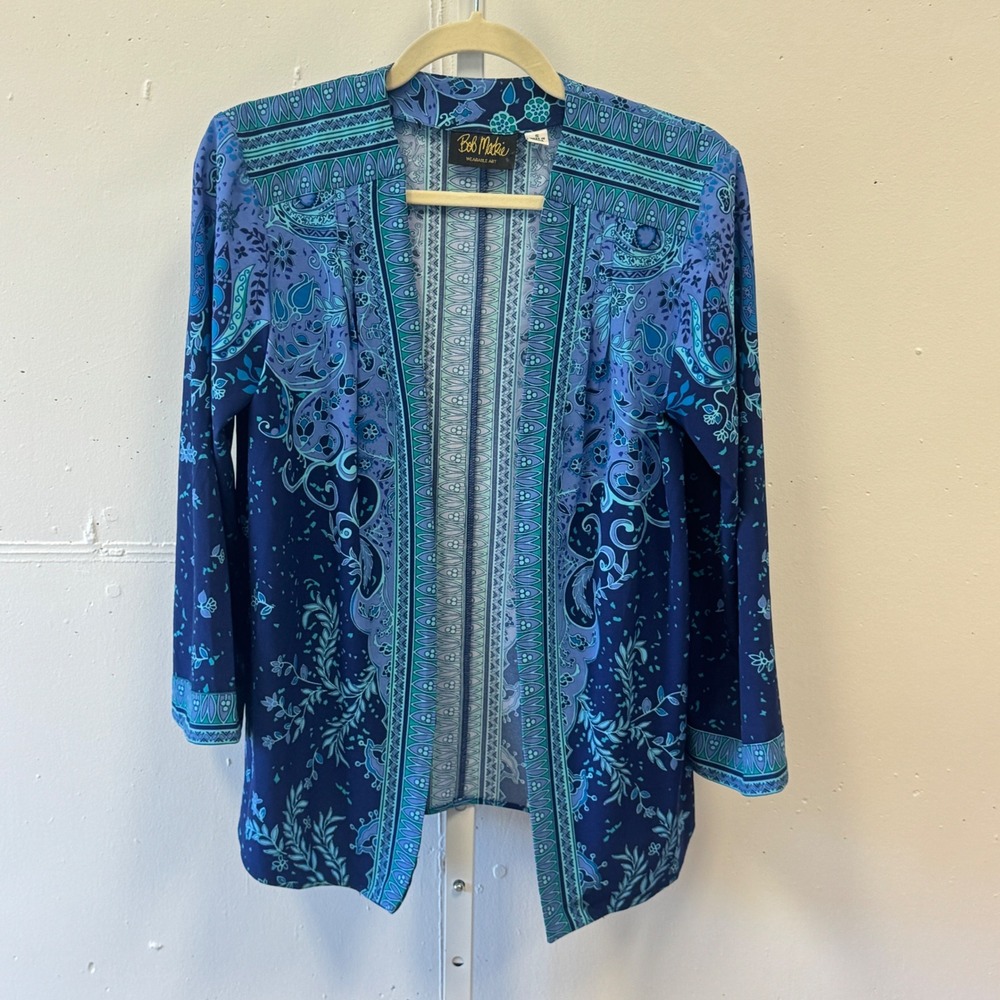 Bob Mackie Wearable Art Blue Teal Paisley Open Front Cardigan Jacket Small Boho